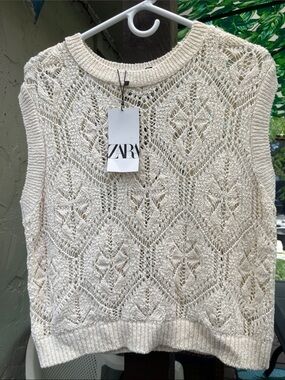 Zara NWT Cotton Pointelle Crochet Knit Vest Cream M